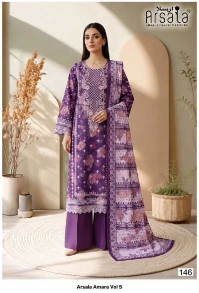Arsala Amara Vol 5: Purple cotton salwar suit with floral print, detailed thread work on the chest, and a contrasting printed dupatta.