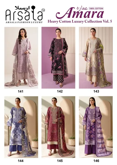 Arsala Amara Vol 5: Catalog cover showing a collection of six different printed cotton salwar suits with thread work details.