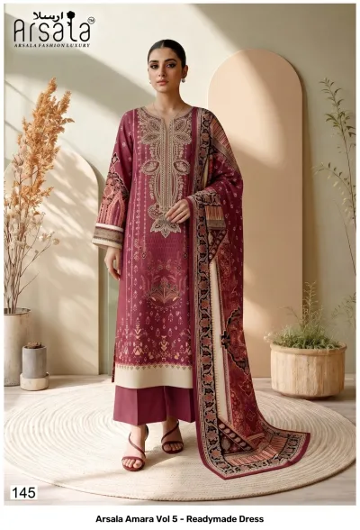 Arsala Amara Vol 5 - Readymade Dress. Maroon cotton salwar suit featuring ornate patterns, printed dupatta, and intricate neutral-toned thread work embroidery.