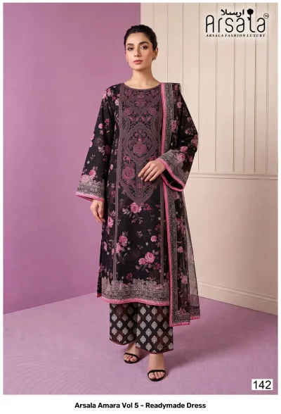 Arsala Amara Vol 5 - Readymade Dress. Black cotton salwar suit with pink floral patterns, printed dupatta, and decorative thread work on the neckline.