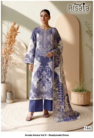Arsala Amara Vol 5 - Readymade Dress. Blue and white cotton salwar suit featuring intricate geometric prints, printed dupatta, and white thread work detailing.