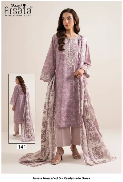 Arsala Amara Vol 5 - Readymade Dress. Light purple cotton salwar suit with fine monochromatic patterns, printed dupatta, and detailed white thread work embroidery.