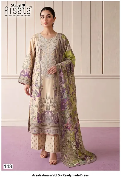 Arsala Amara Vol 5 - Readymade Dress. Beige and purple cotton salwar suit with floral prints, matching dupatta, and white thread work neckline embellishment.