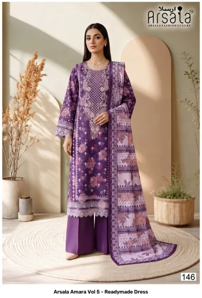 Arsala Amara Vol 5 - Readymade Dress. Deep purple cotton salwar suit with floral prints, matching dupatta, and detailed thread work on the chest.