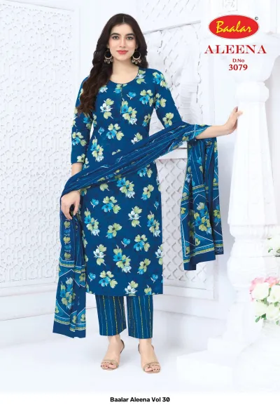 Baalar Aleena Vol 30 blue salwar suit with light blue and lime green floral print and striped trousers.