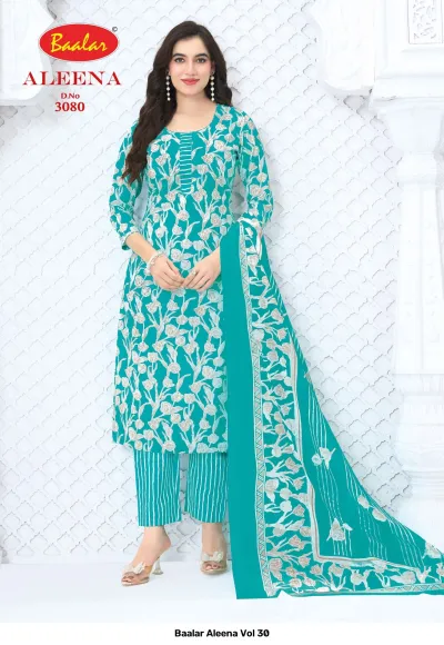 Baalar Aleena Vol 30 teal blue salwar suit with white floral print and striped trousers.