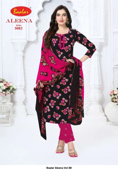 Baalar Aleena Vol 30 black salwar suit with pink and gold floral print and bright pink dupatta.