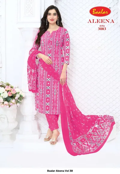 Baalar Aleena Vol 30 pink salwar suit with geometric printed patterns and matching dupatta.