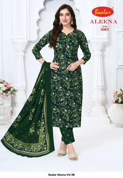 Baalar Aleena Vol 30 dark green salwar suit with light green leaf print and matching dupatta.