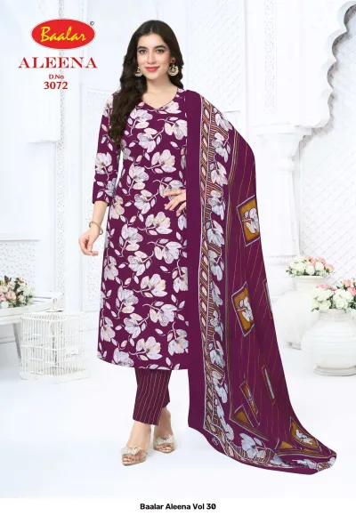 Baalar Aleena Vol 30 purple salwar suit with white floral print, striped trousers, and matching dupatta.