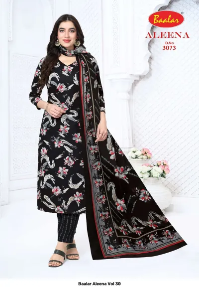 Baalar Aleena Vol 30 black salwar suit with grey and red floral print and striped trousers.