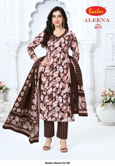 Baalar Aleena Vol 30 brown salwar suit with light pink floral pattern and striped trousers.