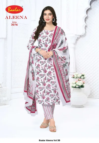 Baalar Aleena Vol 30 white salwar suit with magenta floral print and striped trousers.