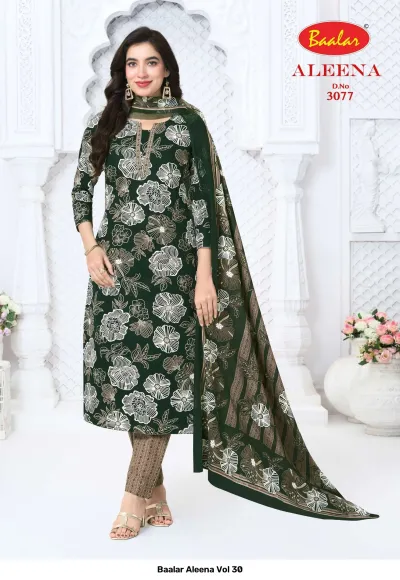 Baalar Aleena Vol 30 dark green salwar suit with white floral print and light brown patterned trousers.