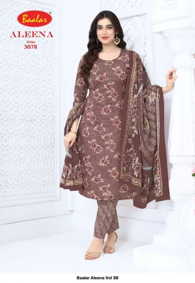 Baalar Aleena Vol 30 brown salwar suit with floral print and striped trousers.