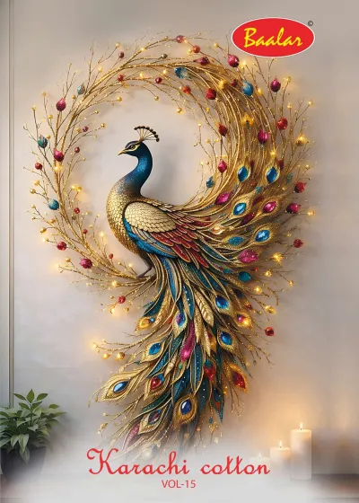 Baalar Karachi Vol 15, catalog cover art featuring a decorative gold peacock.