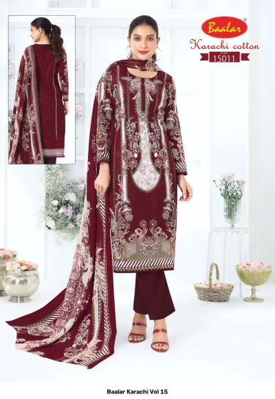 Baalar Karachi Vol 15, deep maroon cotton salwar suit with floral print and matching maroon pants and floral dupatta.