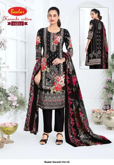 Baalar Karachi Vol 15, black cotton salwar suit with vibrant floral print and matching black pants and floral dupatta.