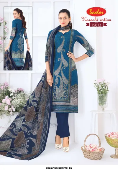 Baalar Karachi Vol 15, blue cotton salwar suit with traditional paisley print and matching blue pants and printed dupatta.