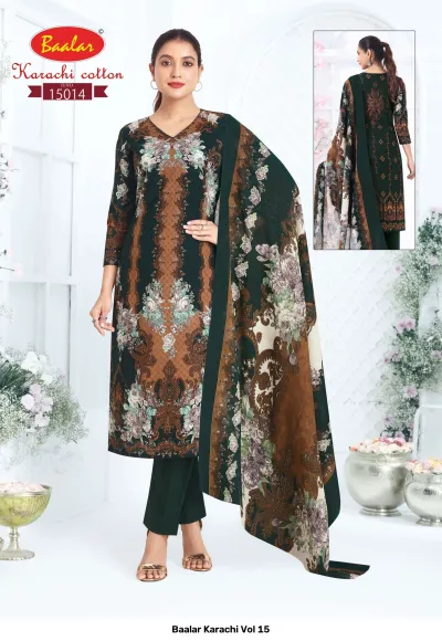 Baalar Karachi Vol 15, dark green cotton salwar suit with floral print and matching green pants with printed dupatta.