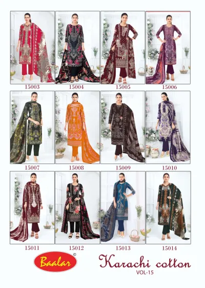 Baalar Karachi Vol 15, catalog collage displaying all fourteen cotton salwar suit designs in the collection.