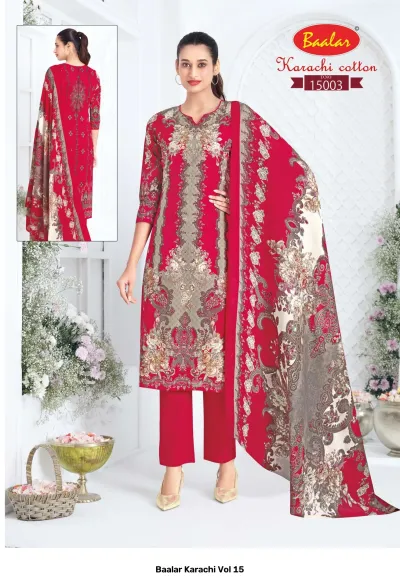 Baalar Karachi Vol 15, red cotton salwar suit with floral print and solid pants with matching printed dupatta.