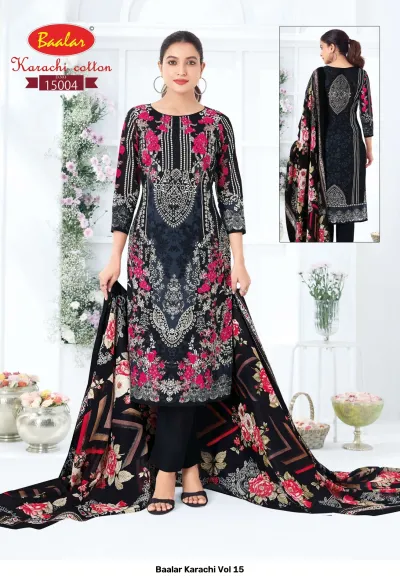Baalar Karachi Vol 15, black cotton salwar suit with pink floral print and black pants with matching floral dupatta.