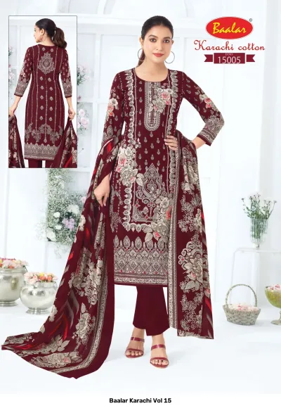 Baalar Karachi Vol 15, maroon cotton salwar suit with floral print and matching maroon pants and floral dupatta.