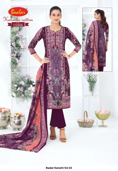 Baalar Karachi Vol 15, purple cotton salwar suit with floral print and solid pants with matching printed dupatta.