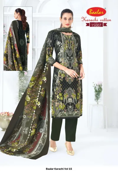 Baalar Karachi Vol 15, dark green cotton salwar suit with floral print and matching green pants and floral dupatta.