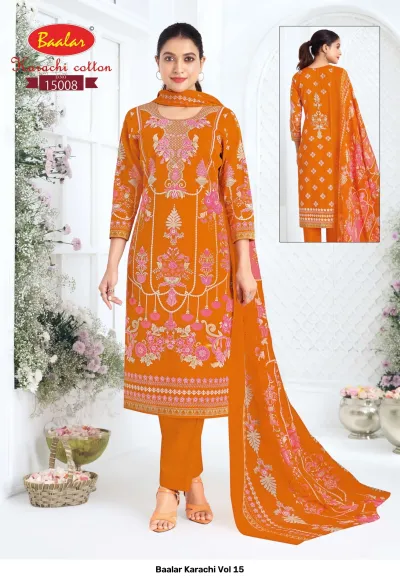 Baalar Karachi Vol 15, orange cotton salwar suit with floral print and matching orange pants and floral dupatta.
