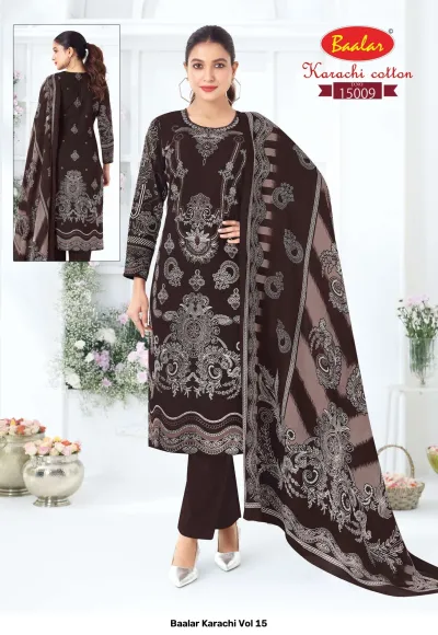 Baalar Karachi Vol 15, dark brown cotton salwar suit with monochromatic floral print and matching pants with printed dupatta.