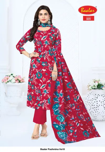 Baalar Pashmina Vol 8, deep red floral printed salwar suit with solid trousers and matching dupatta.