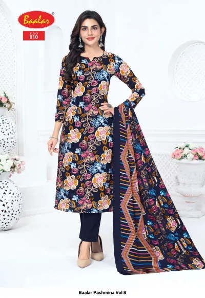 Baalar Pashmina Vol 8, dark navy blue floral printed salwar suit with solid pants and geometric dupatta.