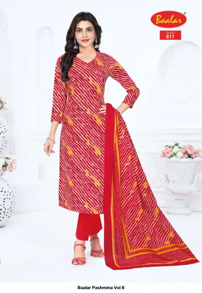 Baalar Pashmina Vol 8, red and yellow chevron striped salwar suit with matching trousers and dupatta.