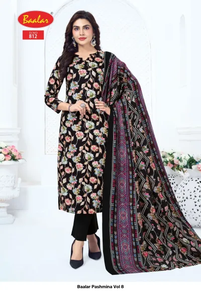 Baalar Pashmina Vol 8, black floral printed salwar suit with solid pants and patterned dupatta.