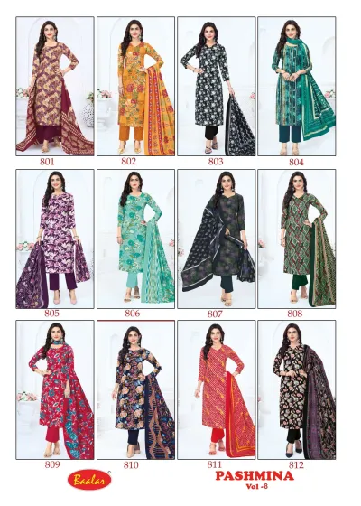 Baalar Pashmina Vol 8, catalog collage showing all 12 individual salwar suit designs.