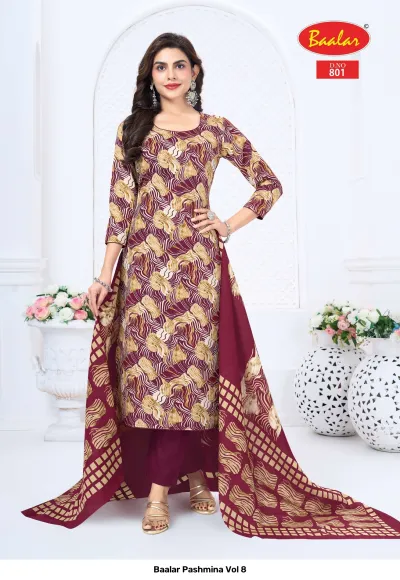 Baalar Pashmina Vol 8, dark red printed salwar suit with long kurta, solid pants, and patterned dupatta.