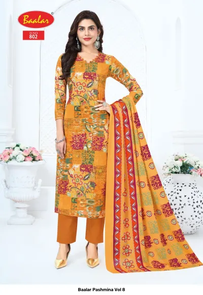 Baalar Pashmina Vol 8, mustard yellow printed salwar suit with floral details, solid pants, and patterned dupatta.