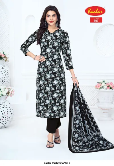 Baalar Pashmina Vol 8, black and grey floral printed salwar suit with straight-cut kurta and dupatta.