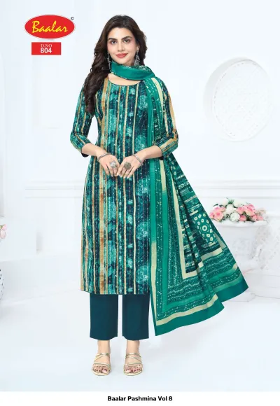 Baalar Pashmina Vol 8, green striped printed salwar suit with matching pants and geometric pattern dupatta.
