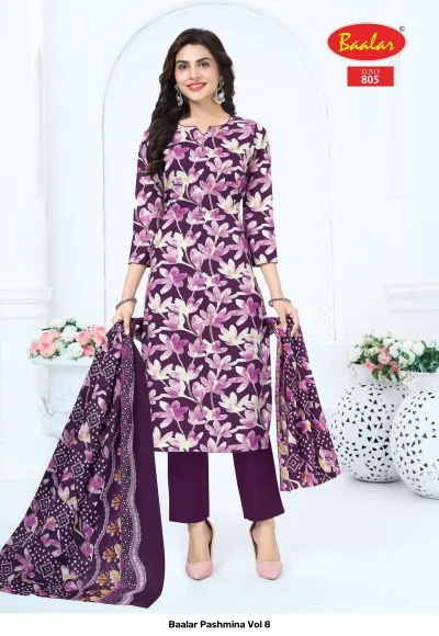 Baalar Pashmina Vol 8, dark purple floral printed salwar suit with coordinating pants and dupatta.