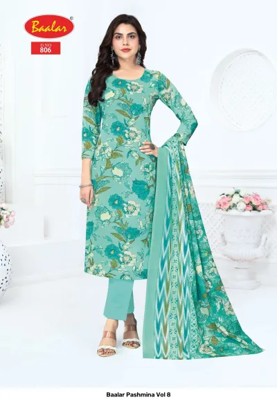 Baalar Pashmina Vol 8, turquoise blue floral printed salwar suit with matching pants and patterned dupatta.