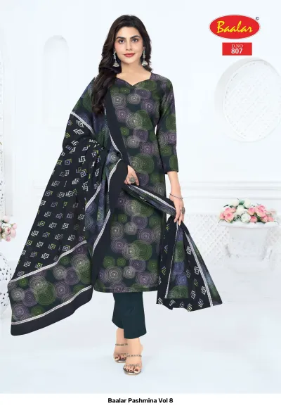 Baalar Pashmina Vol 8, dark charcoal printed salwar suit featuring geometric circle patterns and dupatta.