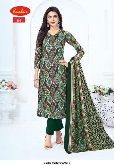 Baalar Pashmina Vol 8, green and maroon geometric ikat-style printed salwar suit with solid green pants.