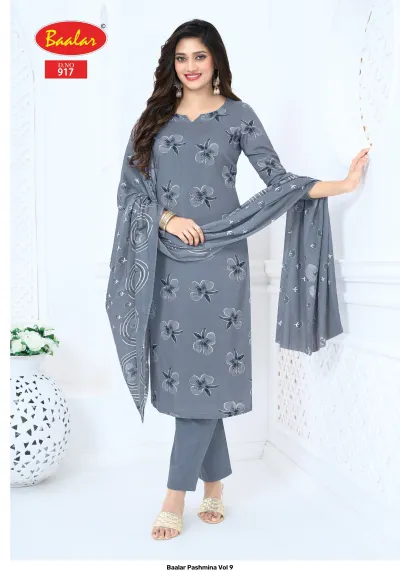 Baalar Pashmina Vol 9, grey Pakistani suit with white floral print and matching dupatta.