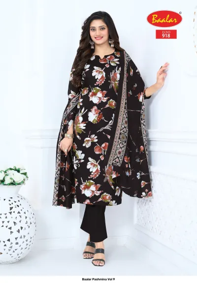 Baalar Pashmina Vol 9, black Pakistani suit with large floral print and detailed dupatta.