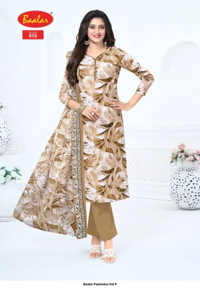 Baalar Pashmina Vol 9, beige and brown Pakistani suit with leaf-style printed pattern.