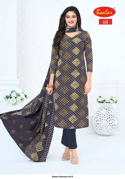 Baalar Pashmina Vol 9, dark charcoal Pakistani suit with geometric diamond pattern and dupatta.