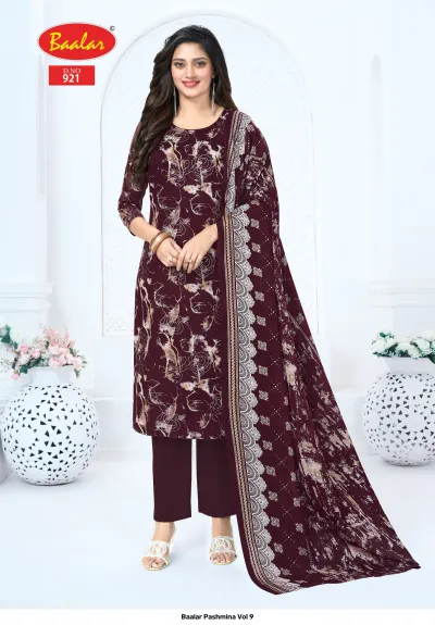 Baalar Pashmina Vol 9, dark maroon Pakistani suit with abstract floral print and dupatta.